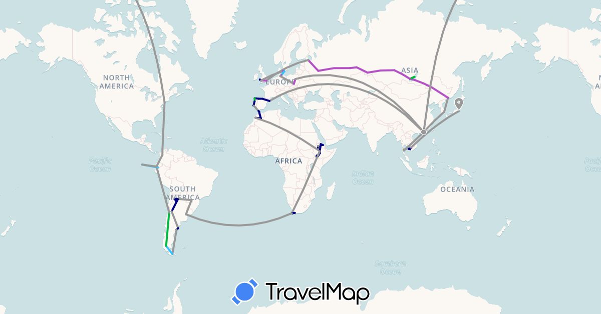 TravelMap itinerary: driving, bus, plane, train, boat in Argentina, Chile, China, Colombia, Germany, Denmark, Ecuador, Spain, Ethiopia, United Kingdom, Japan, Cambodia, South Korea, Morocco, Poland, Portugal, Russia, Sweden, Thailand, United States, South Africa (Africa, Asia, Europe, North America, South America)